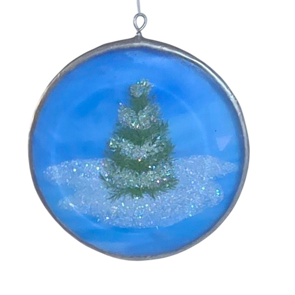 Handcrafted Stained Glass Christmas Tree Ornament Blue Slag Glass Suncatcher 3"